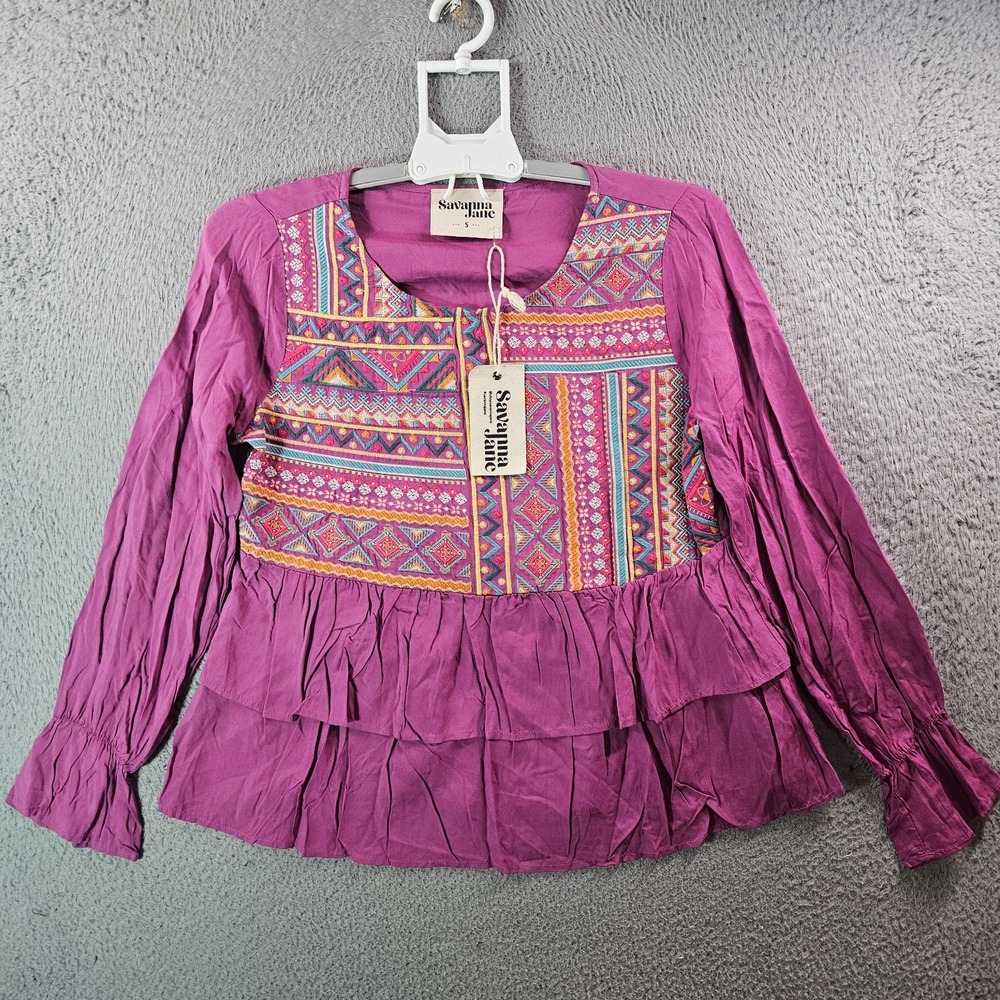 NEW Savanna Jane Top Blouse Women Small Embroidered Purple - Flaw